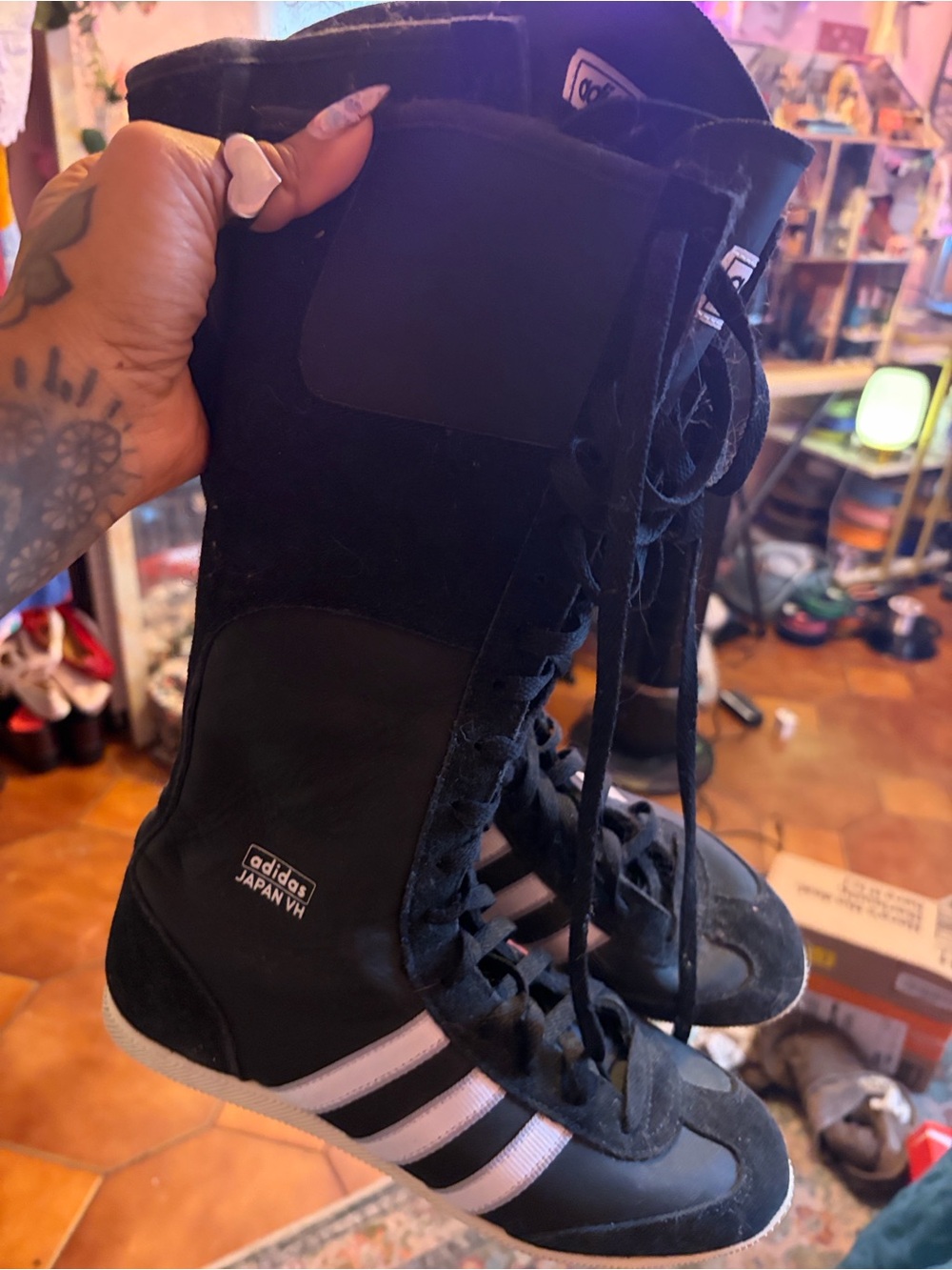 adidas Black Lace-Up High-Top Women's Boots with White Stripes sz 7.5